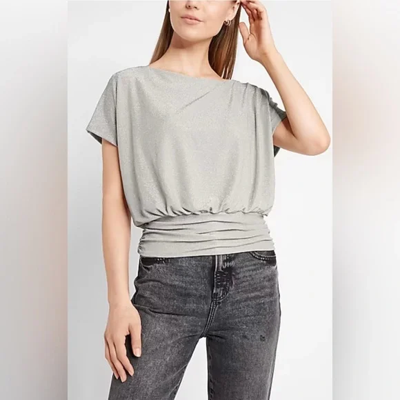 Metallic Short Sleeve Ruched Banded Bottom Tee - Picture 2 of 5